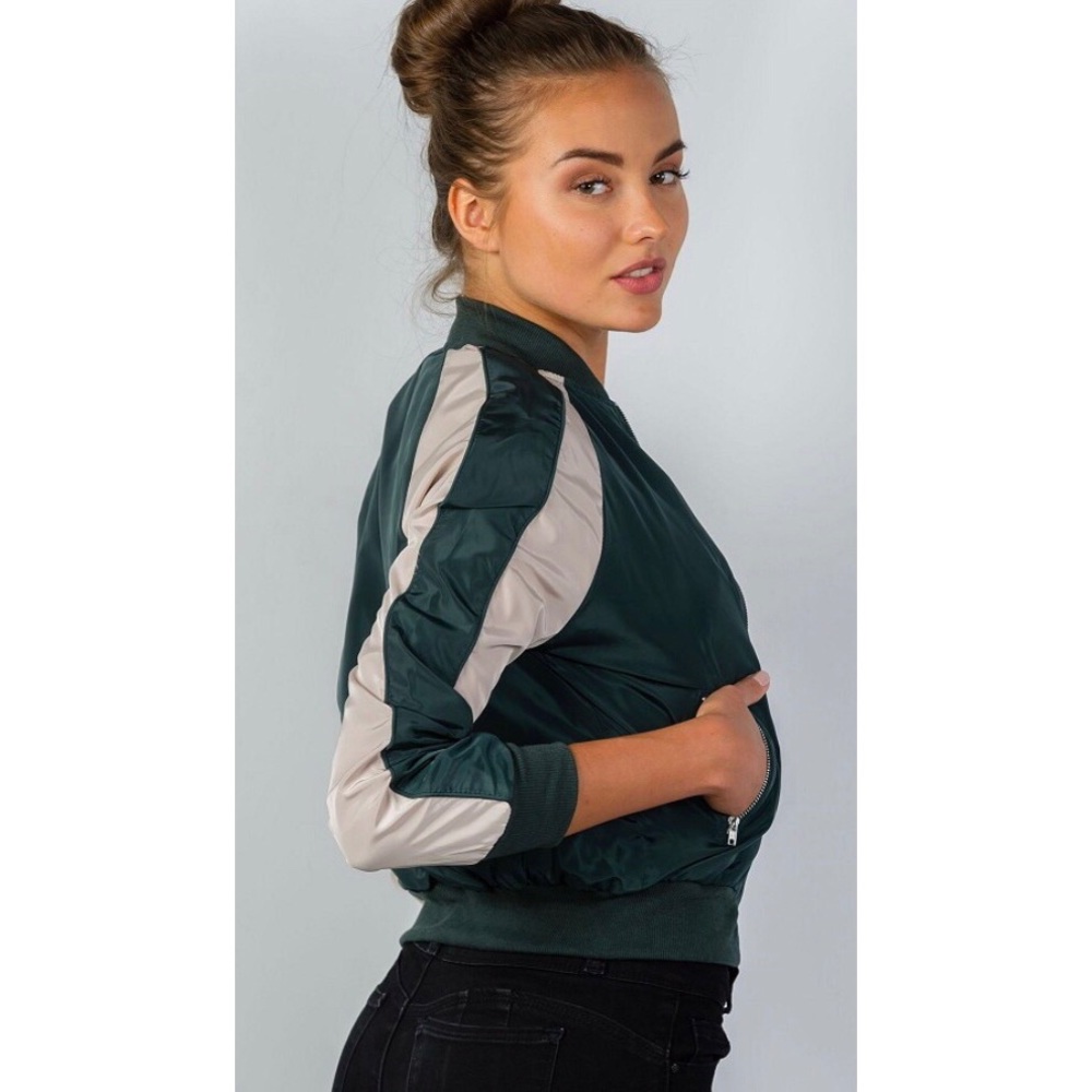 Hunter Green Stripe-Sleeve Bomber - Picture 5 of 7